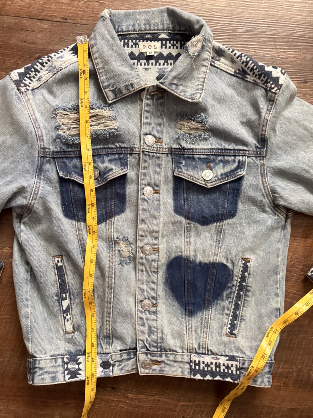 POL Clothing Distressed Denim Trucker Jacket Southwest Aztec Heart sz M - Picture 12 of 12